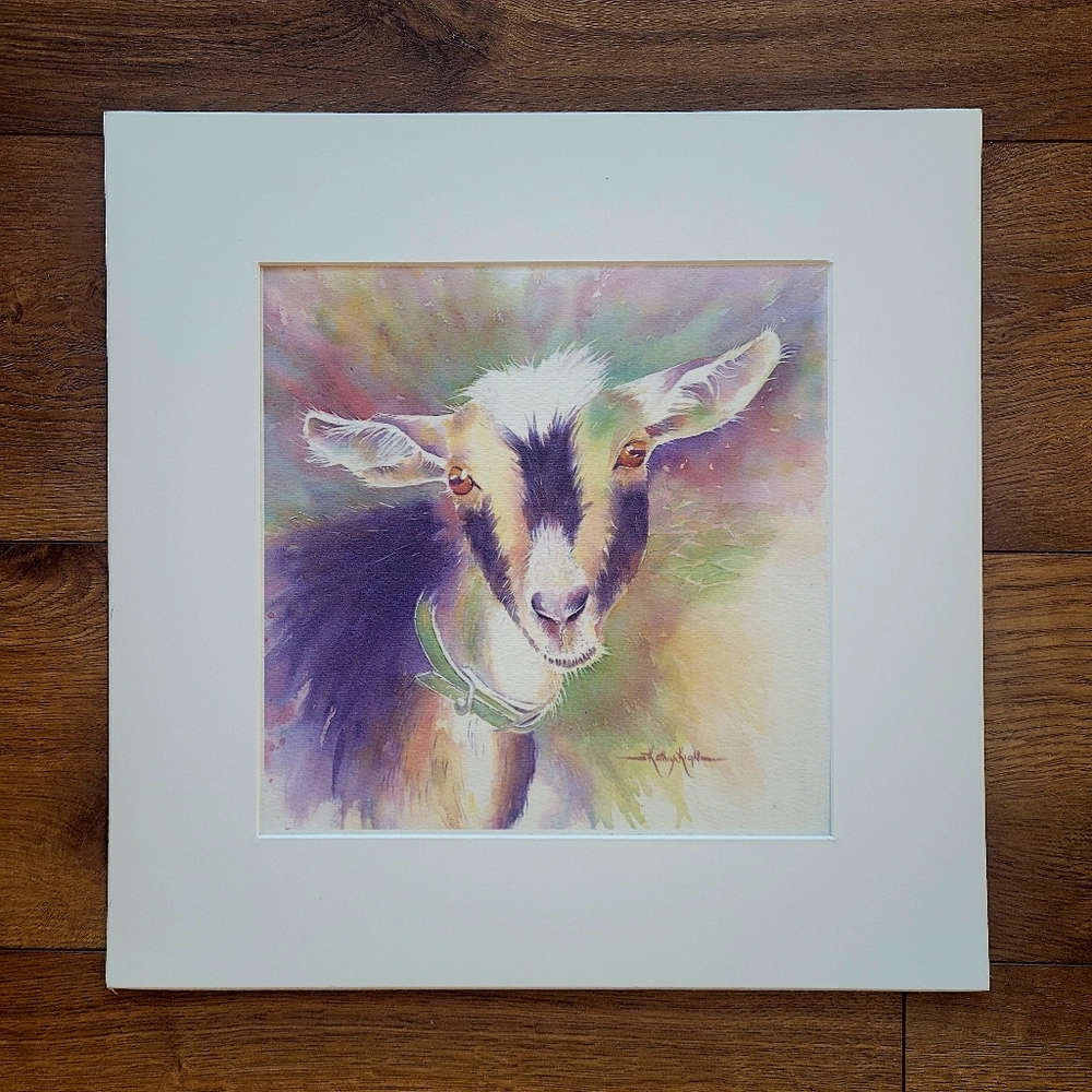 Watercolor Print of 'Raddish' the Goat. Matted and backed.